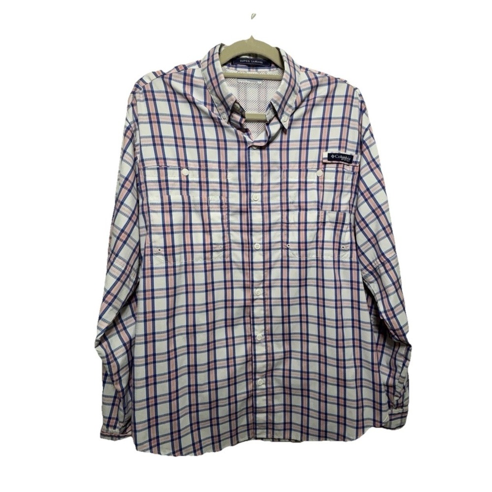 Columbia PFG Super Tamiami Mens Medium Plaid Fishing Shirt Blue Pink And White - Picture 1 of 10